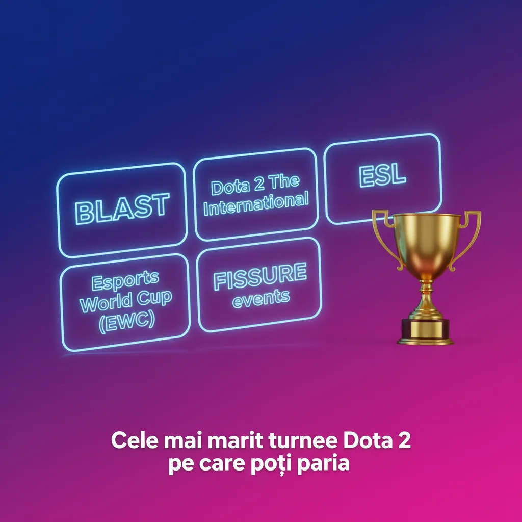 Colaj cu logo-uri The International, BLAST, ESL, EWC, PGL și FISSURE Dota 2, pariuri pre-meci și live pe marile scene.