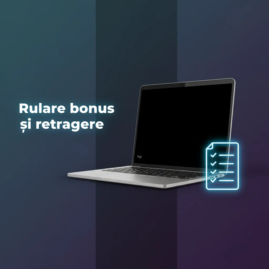 Infografic despre rulare bonus și retragere: cont bonus, contribuții jocuri, miza maximă, termen, verificare cont.