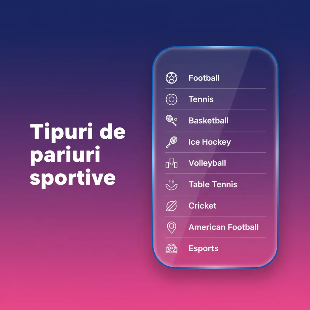 Infografic despre tipuri de pariuri: fotbal, tenis, baschet, MMA/box; rezultat, handicap, totaluri; premeci și live.