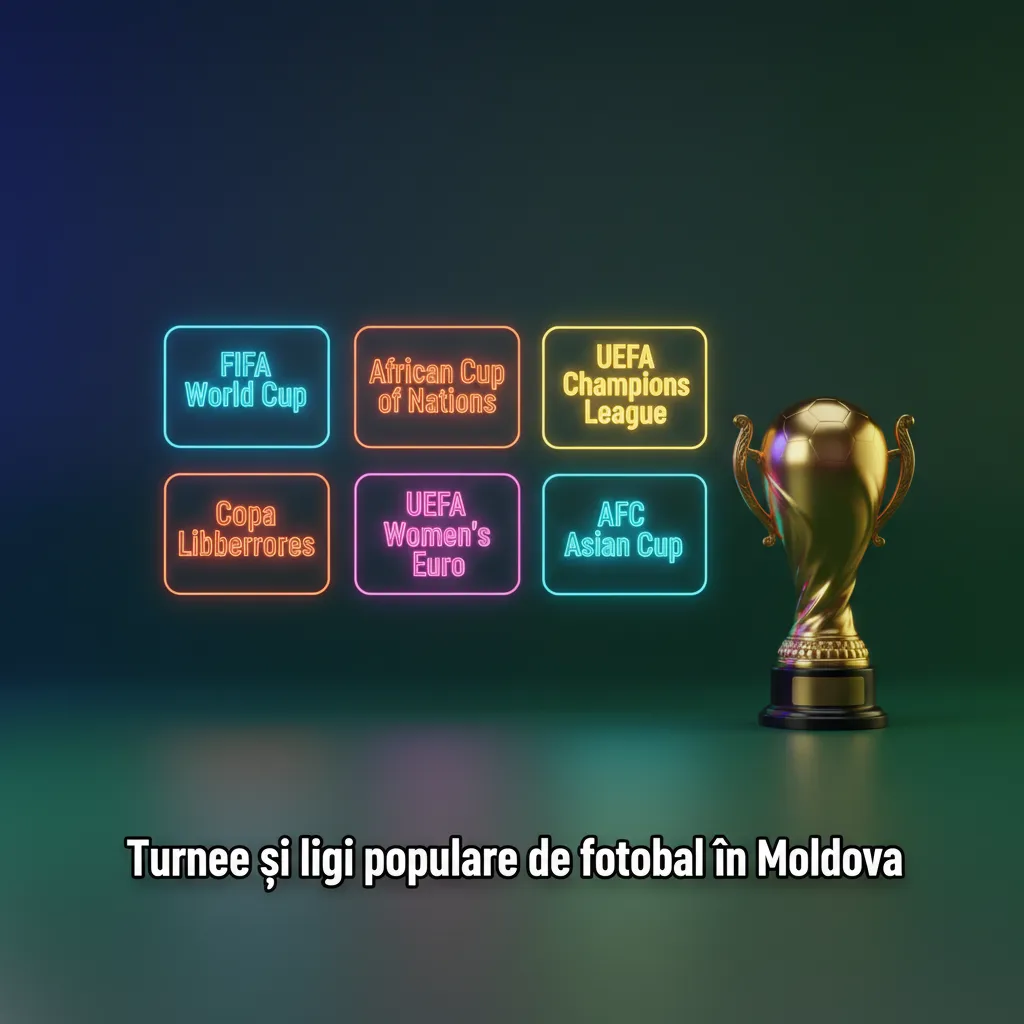 Grafic despre turnee și ligi de fotbal populare în Moldova: Cupa Mondială, Euro, UCL, Super Liga Moldovei și piețe de pariere.