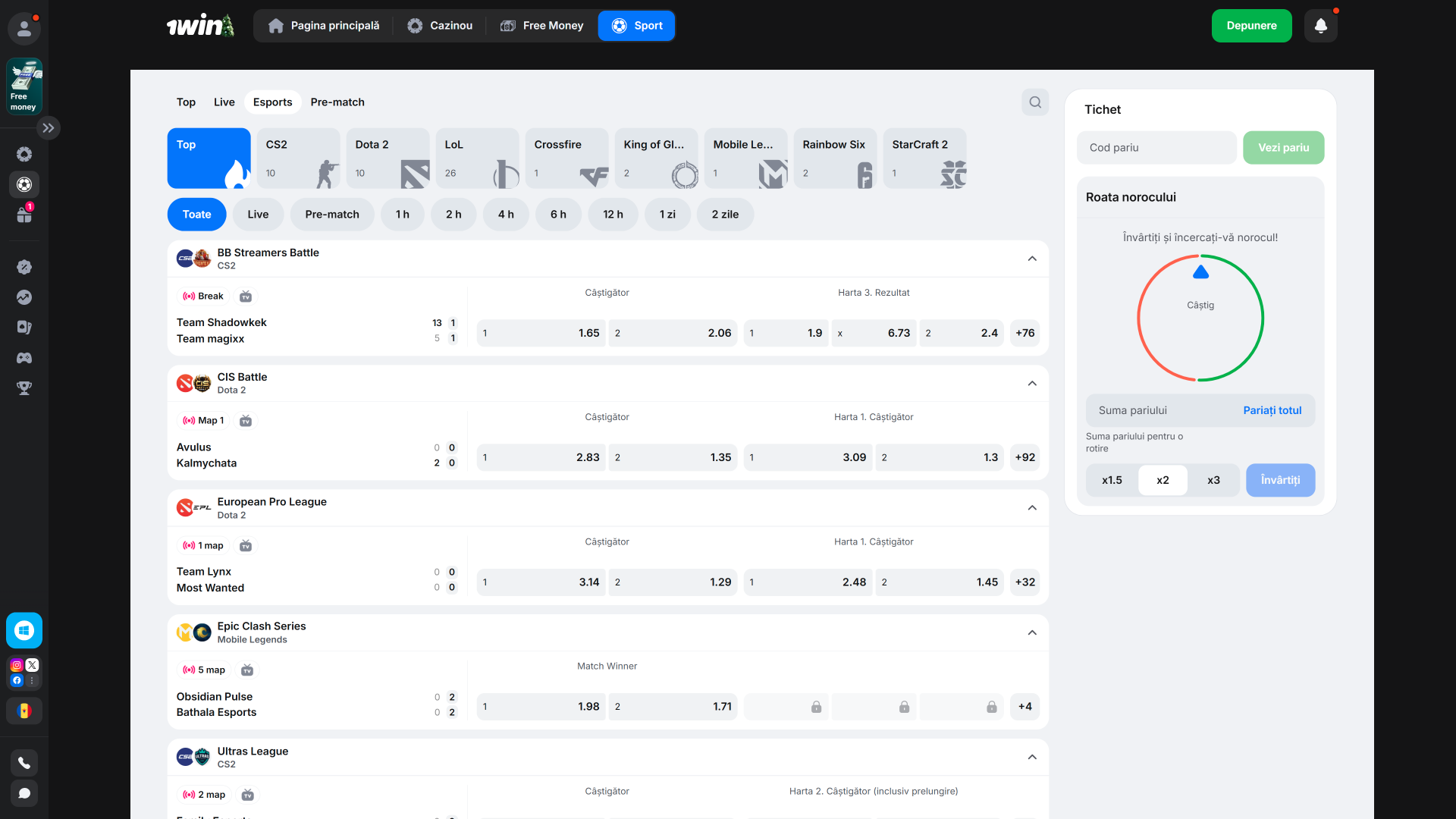 Vizualizează panoul de pariuri pe esports 1win cu cele mai noi competiții.