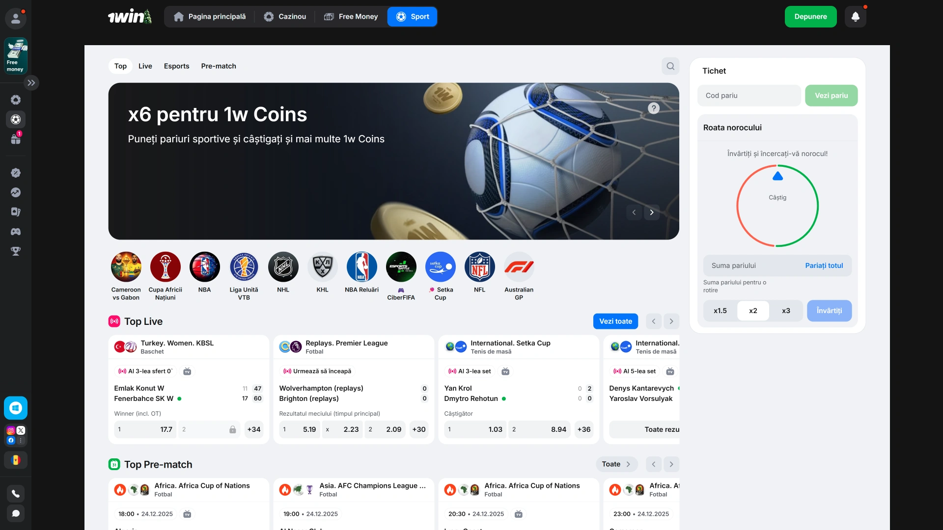 Analizează interfața de pariuri pe sport la 1win pentru evenimente pre-meci.