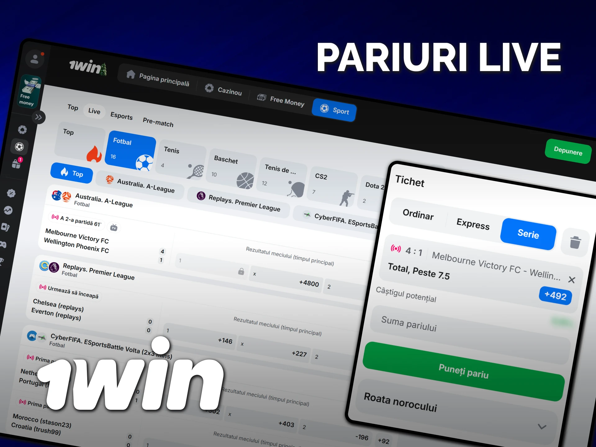 Plasează pariuri live la 1win în timp ce urmărești evenimentele sportive preferate.
