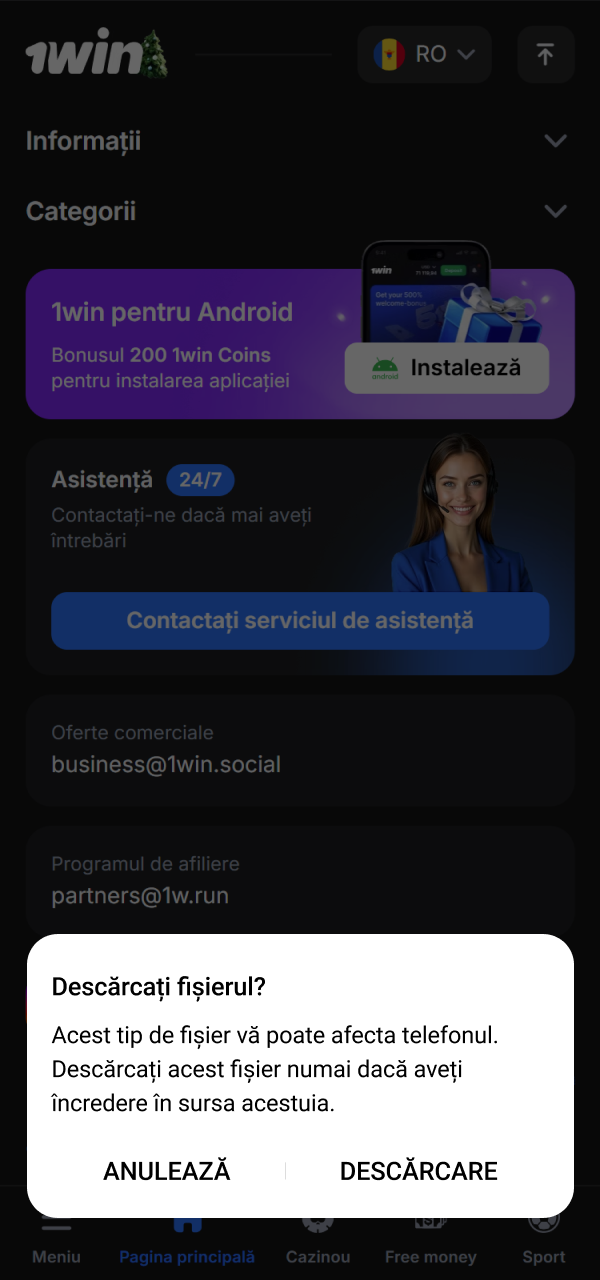 Confirmă descărcarea APK în fereastra pop-up a browserului tău Android 1win.