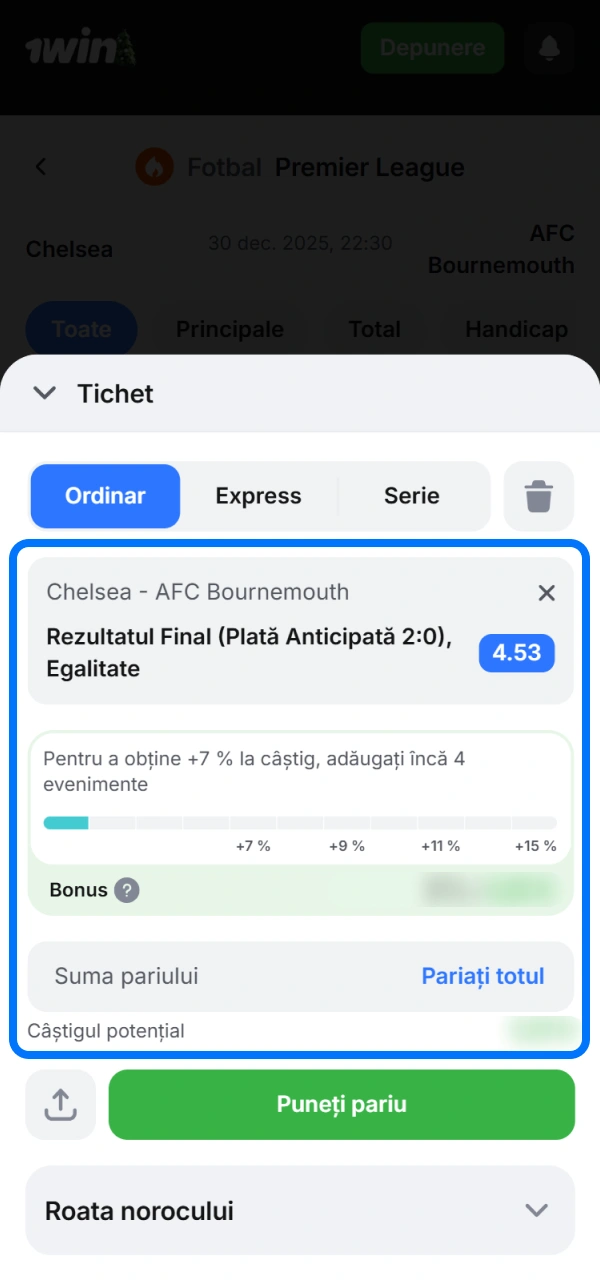 Configurează aceste pariurile în aplicația 1win introducând suma pe care mizezi.