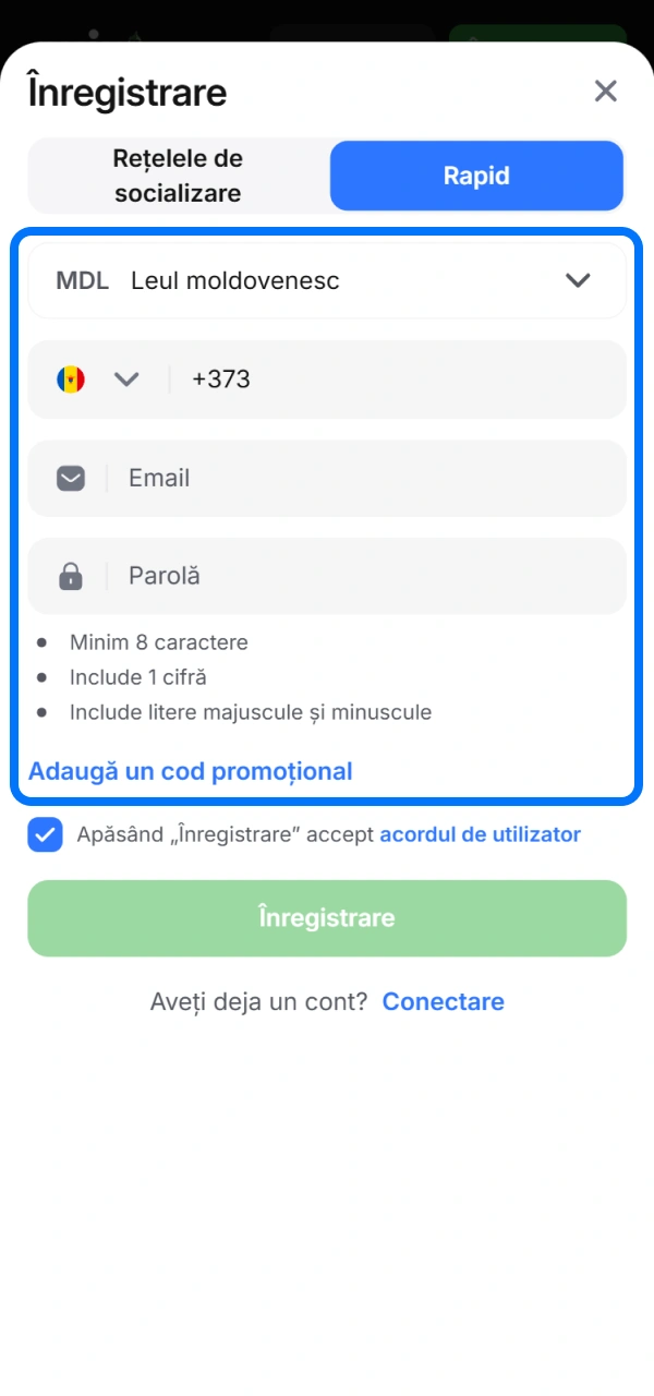 Completează formularul de înregistrare 1win cu datele tale în aplicația mobilă.