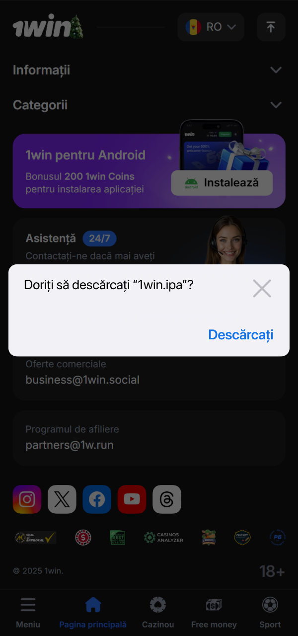 Acceptă instalarea profilului de configurare iOS necesar pentru funcționarea aplicației 1win.
