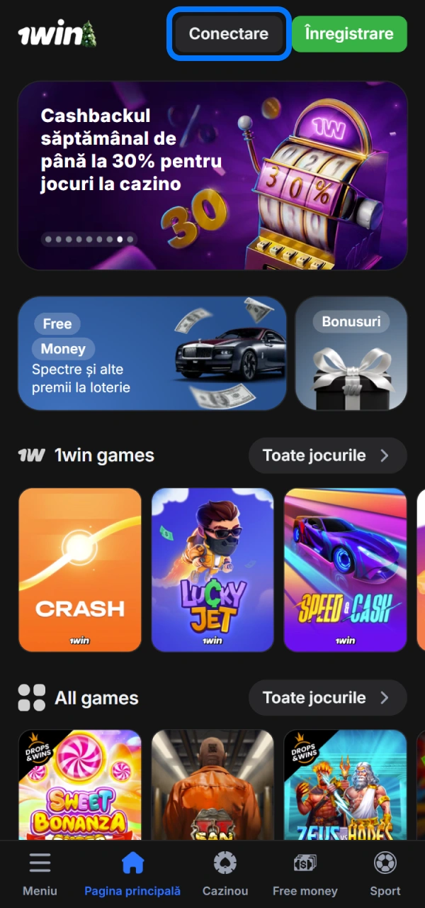 Apasă pe butonul dedicat pentru a deschide fereastra de autentificare în aplicația 1win.