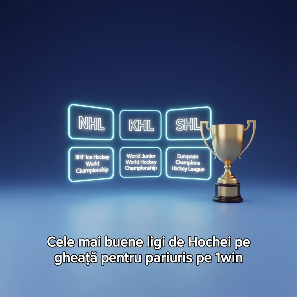 Grafic promoțional 1win cu cele mai bune ligi de hochei: NHL, KHL, IIHF, CHL, SHL, Liiga, DEL.