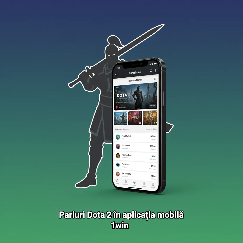 Ecran de mobil cu aplicația 1win: pariuri Dota 2 live, piețe Esports, depuneri MDL și notificări în timp real.
