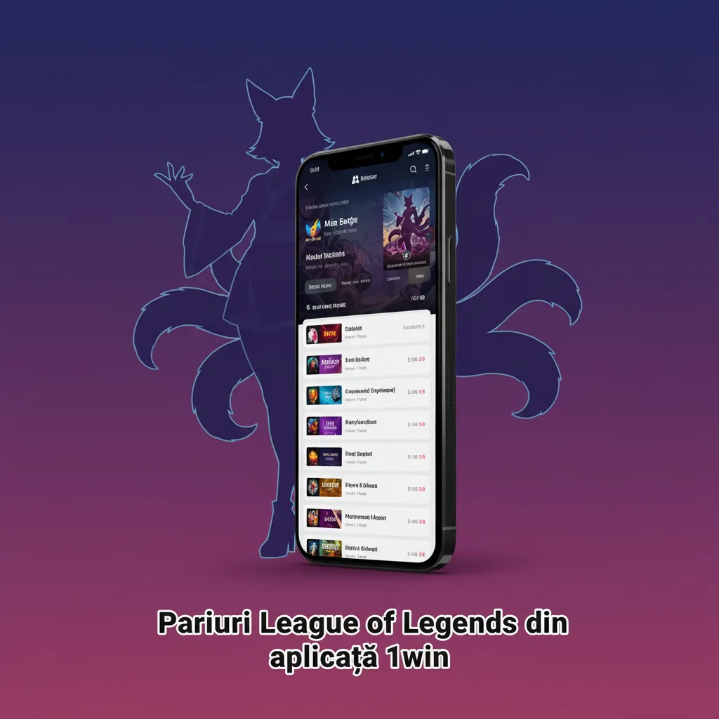 Ecran de telefon cu aplicația 1win: pariuri League of Legends, piețe live și pre-meci, cote în timp real.