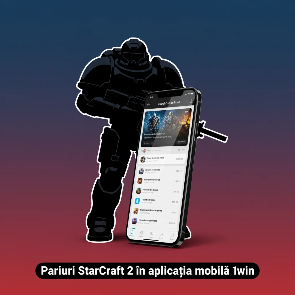 Ecran de telefon cu aplicația 1win pentru pariuri StarCraft II, piețe live și notificări.