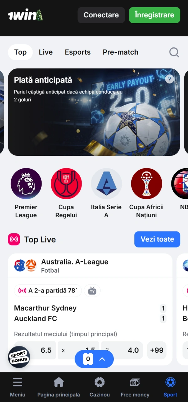 Consultați oferta sportivă 1win de pe ecranul smartphone-ului Android.