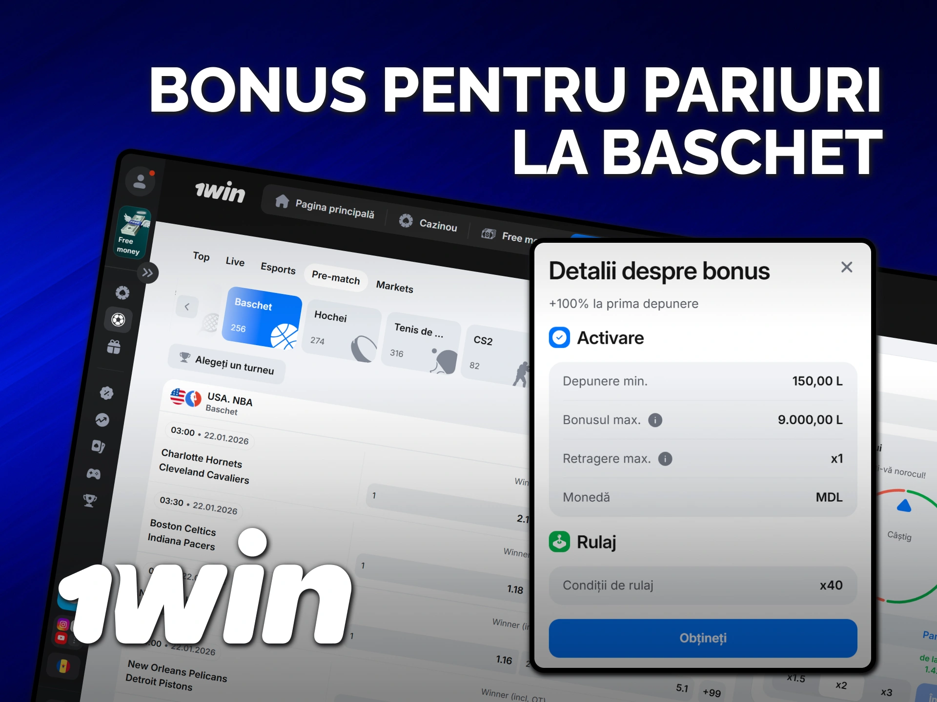 Profită de un bonus 1win generos pentru pariuri pe baschet online.