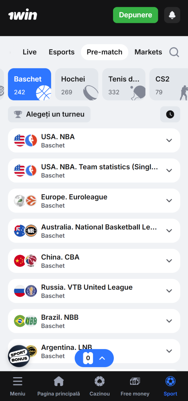 Caută evenimentele de baschet preferate în meniul de sport 1win.