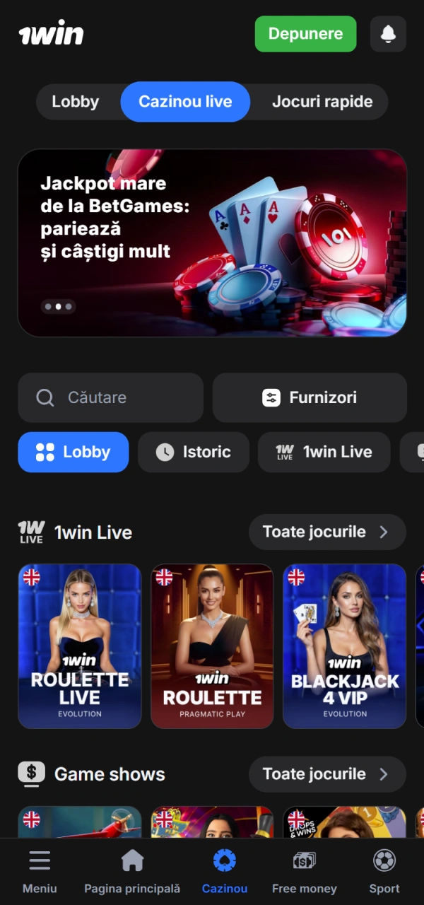 Selectează masa live dorită din lobby-ul cazinoului online 1win Moldova.