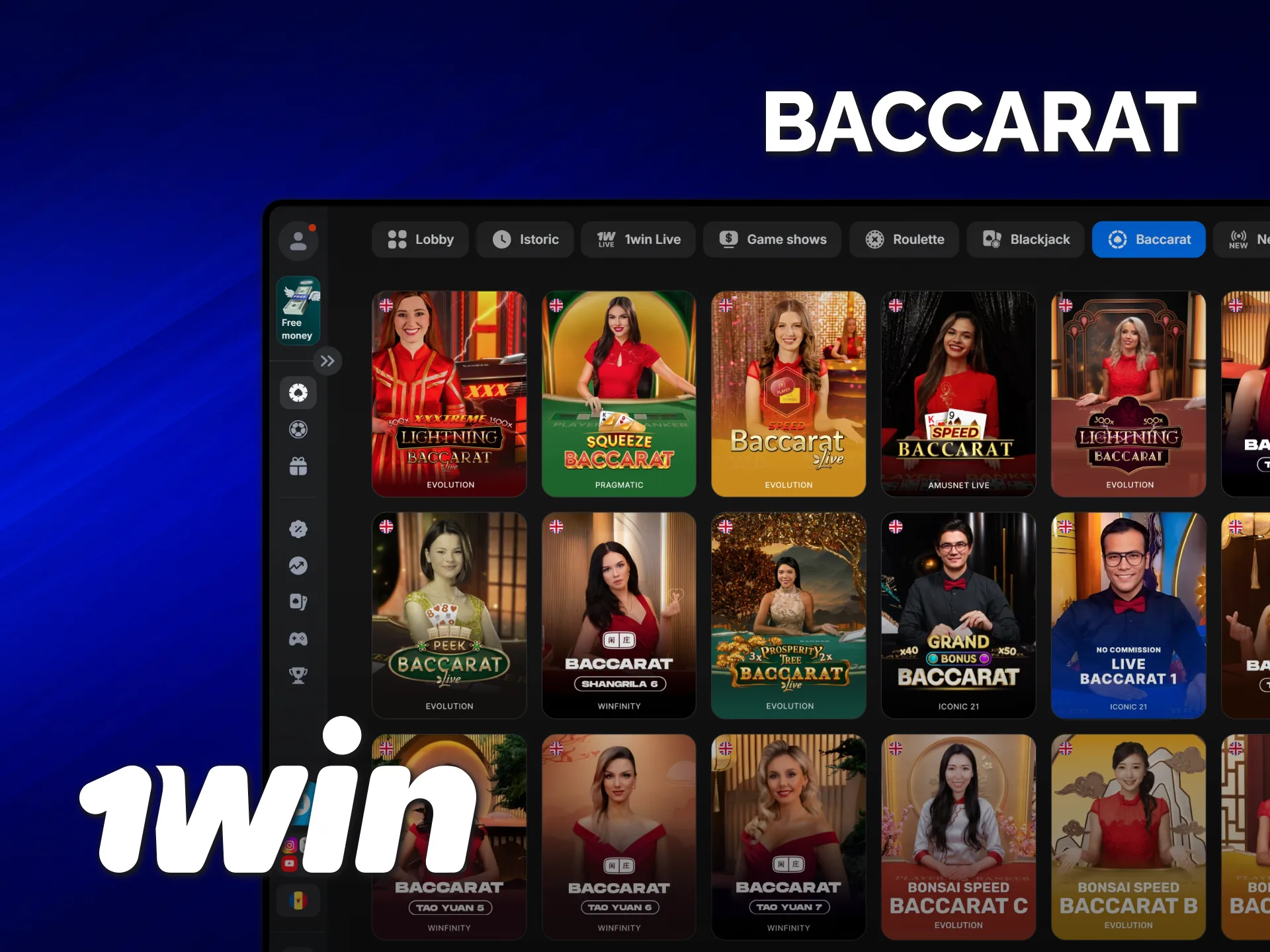 Joacă baccarat cu dealeri reali în categoria cazinou live 1win online.