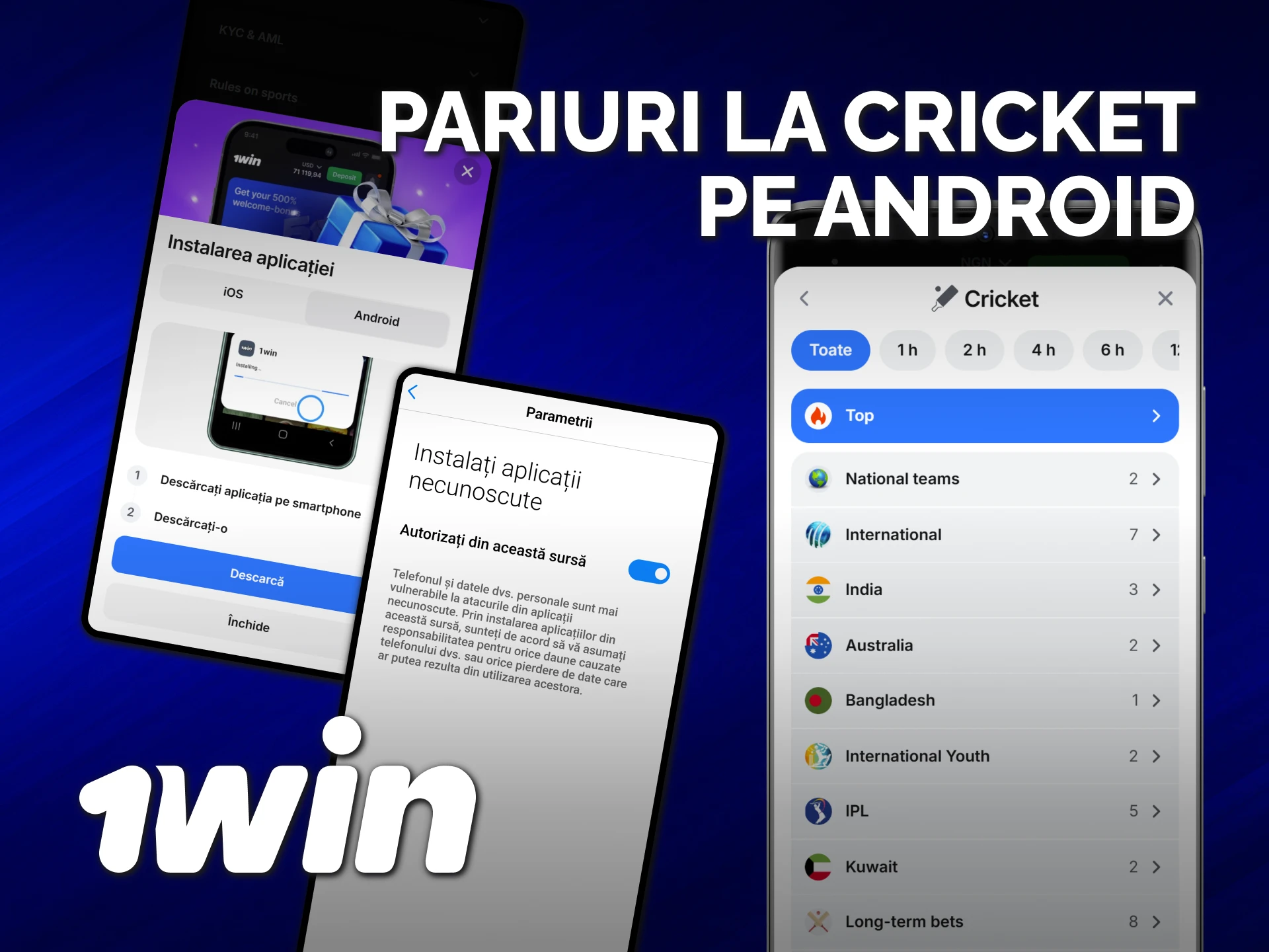 Instalează fișierul 1win APK pentru a paria pe crichet pe Android.