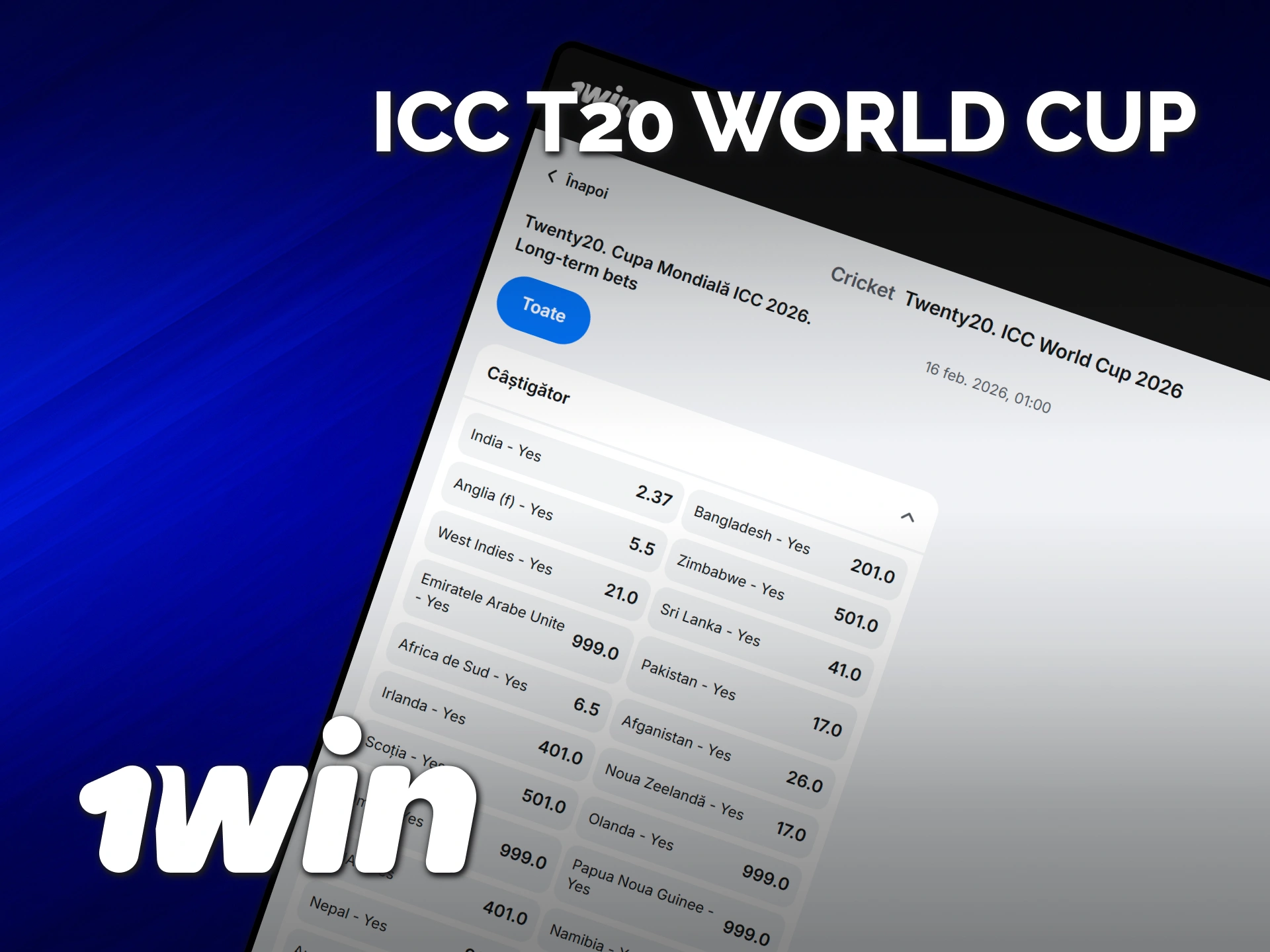 Alege cotele 1win pentru a paria pe crichet la T20 World Cup.