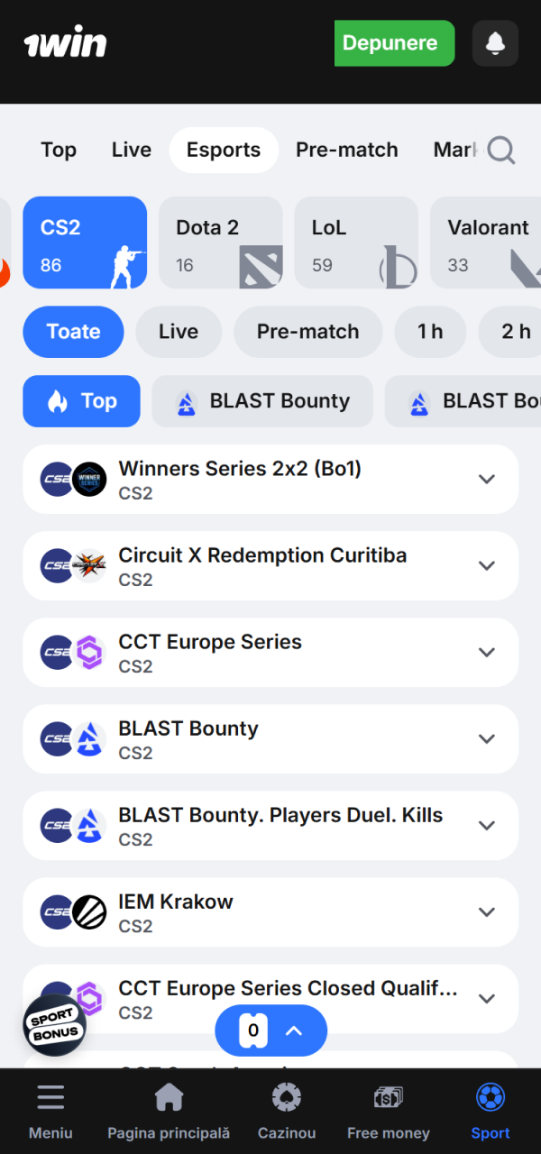 Accesează categoria eSports 1win și selectează competiția dorită de CS2.