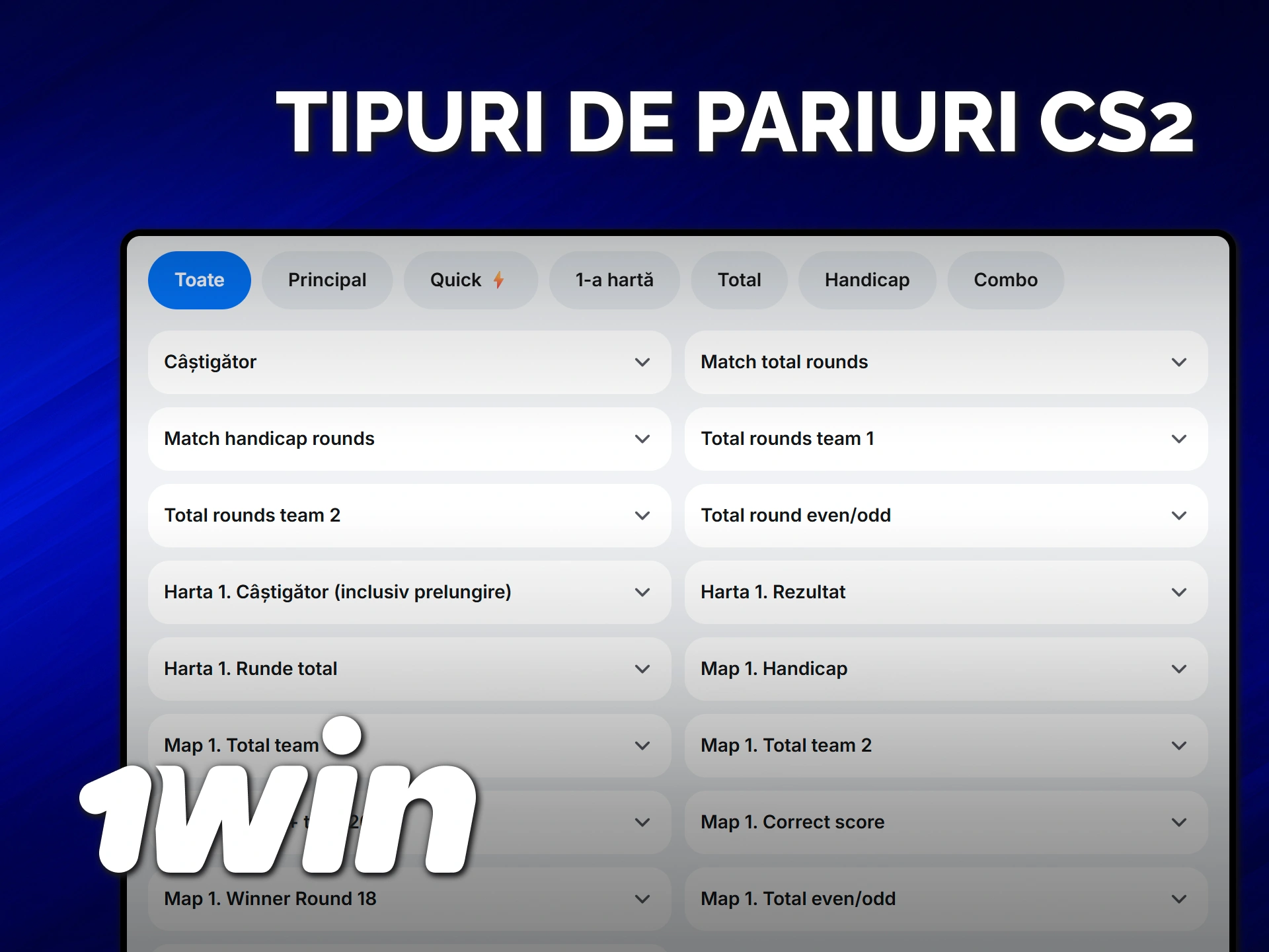 Explorează diverse piețe de pariuri CS2 oferite de platforma oficială 1win.