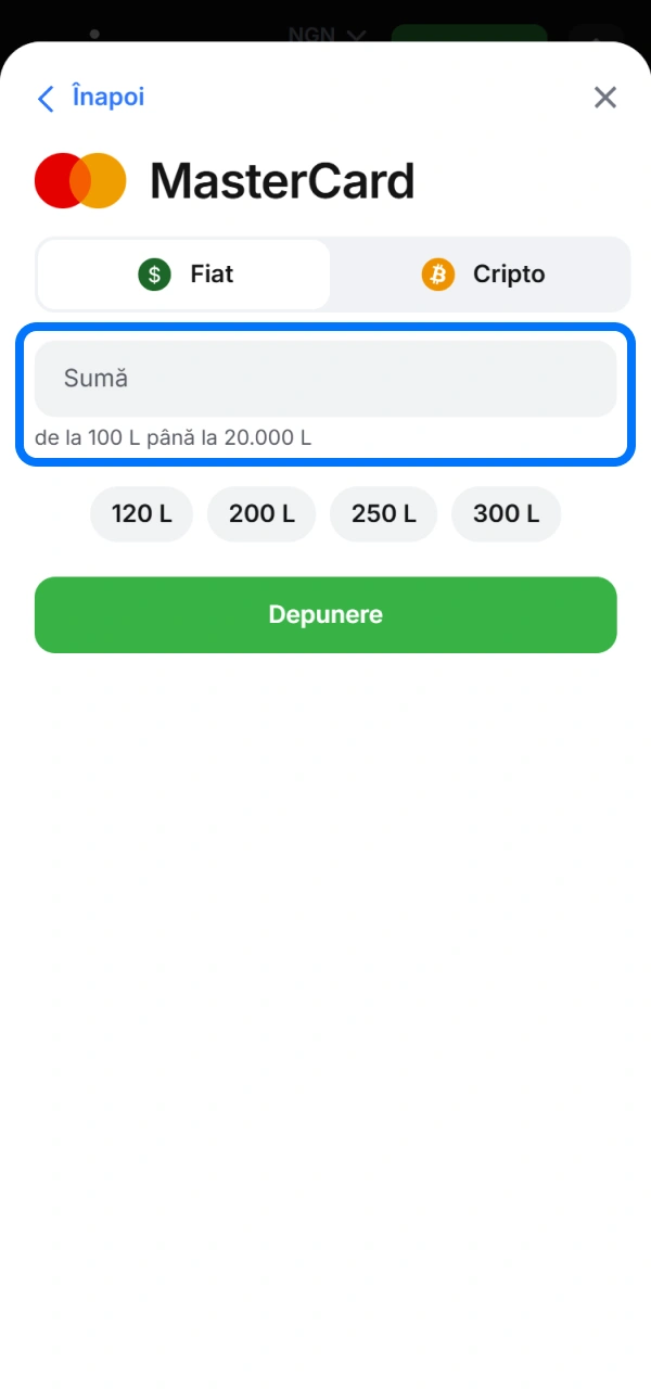 Completează detaliile necesare pentru a procesa o depunere la 1win Moldova.