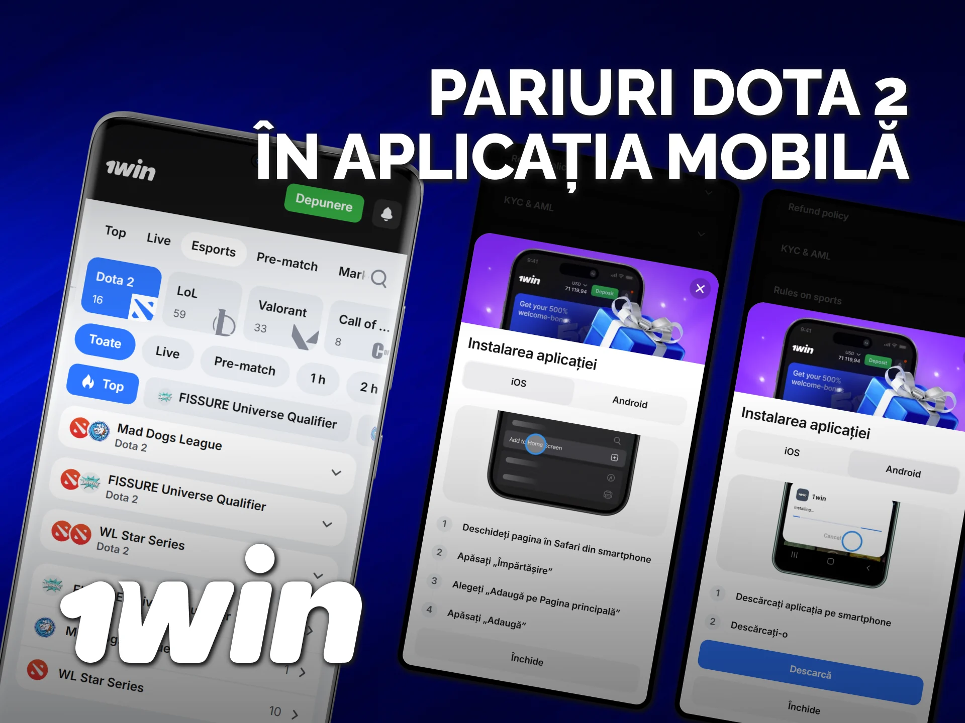 Instalează aplicația 1win pentru a plasa pariuri Dota 2 pe mobil.