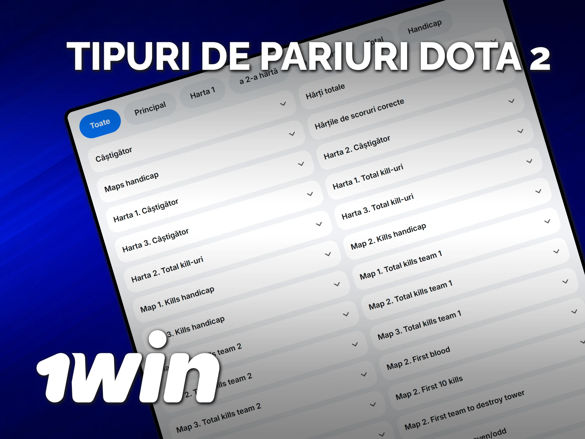 Explorează diverse piețe de pariuri Dota 2 oferite de platforma 1win.