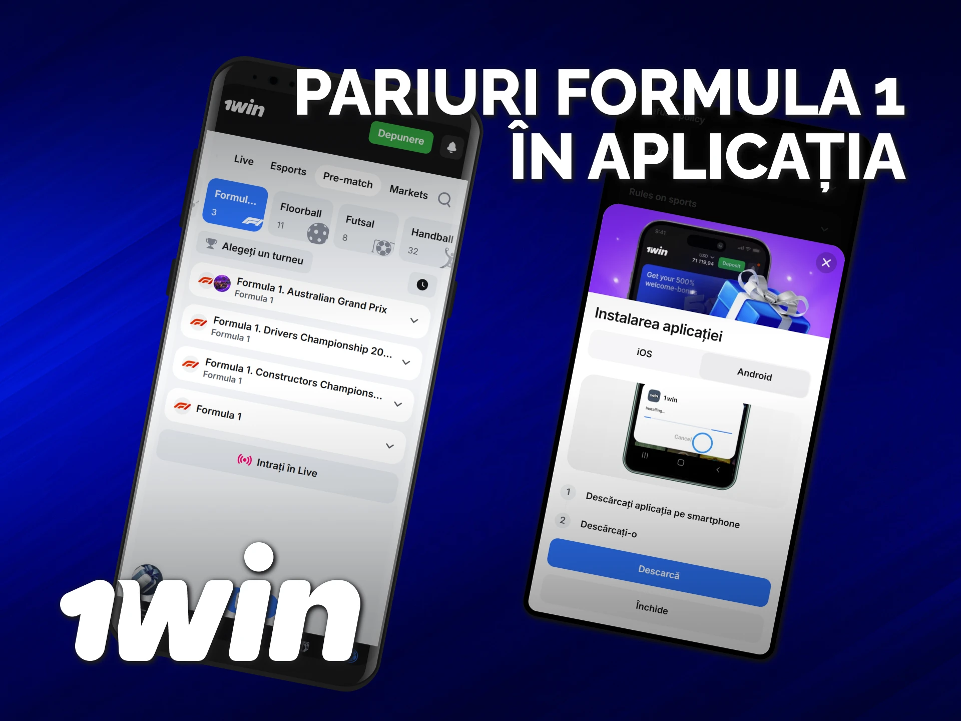 Descarcă aplicația 1win pentru a plasa pariuri pe Formula 1.