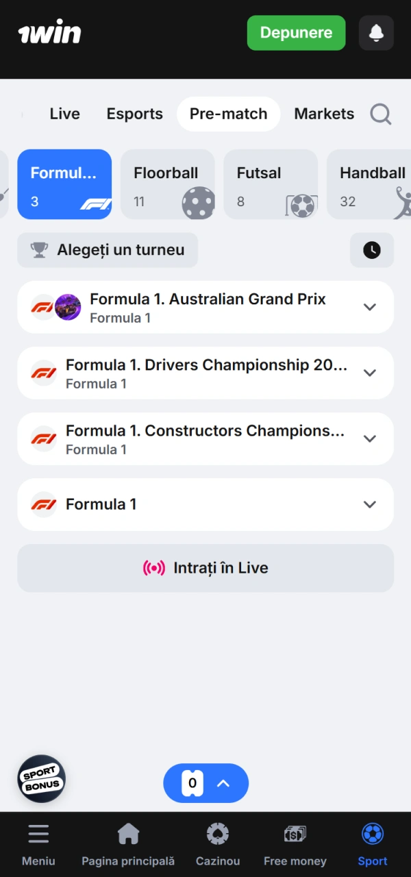 Navighează spre secțiunea 1win pentru a găsi evenimente de F1.