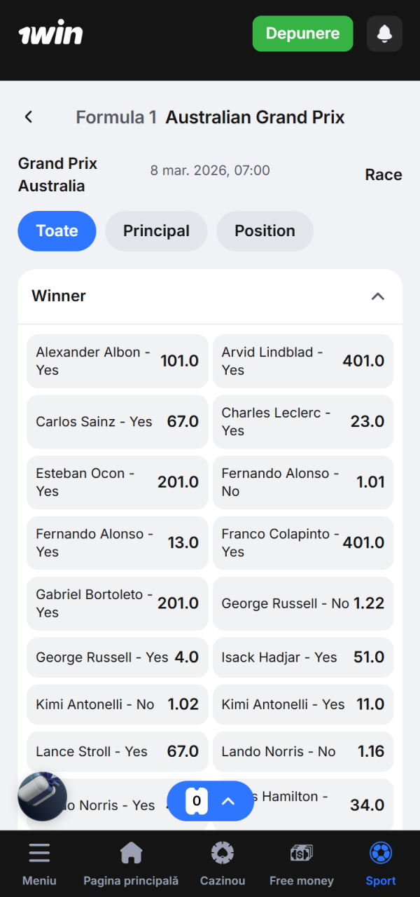 Alege cele mai bune cote pentru cursele de F1 la 1win.