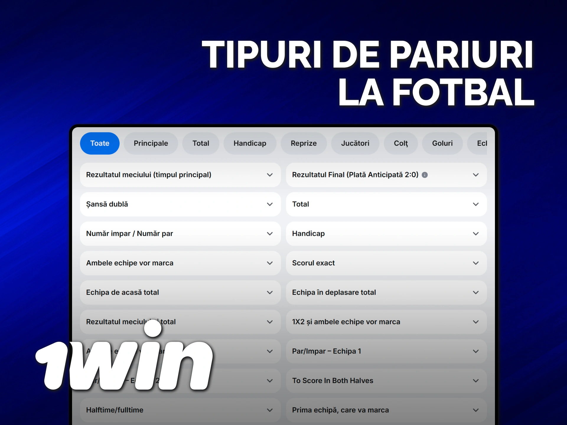 Descoperă diverse tipuri de pariuri pe fotbal în oferta 1win Moldova.