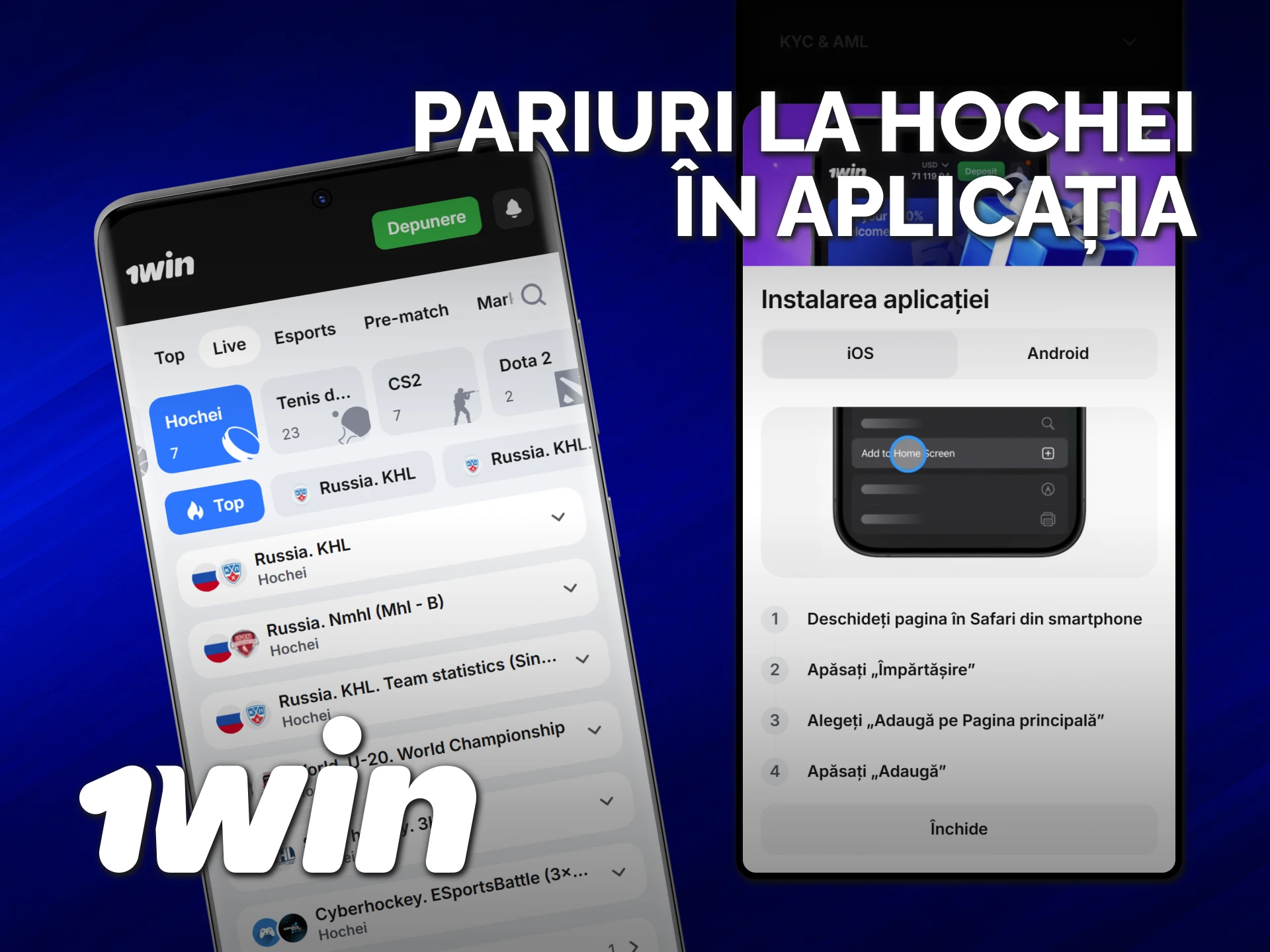 Instalează aplicația 1win pentru a plasa pariuri pe hochei.