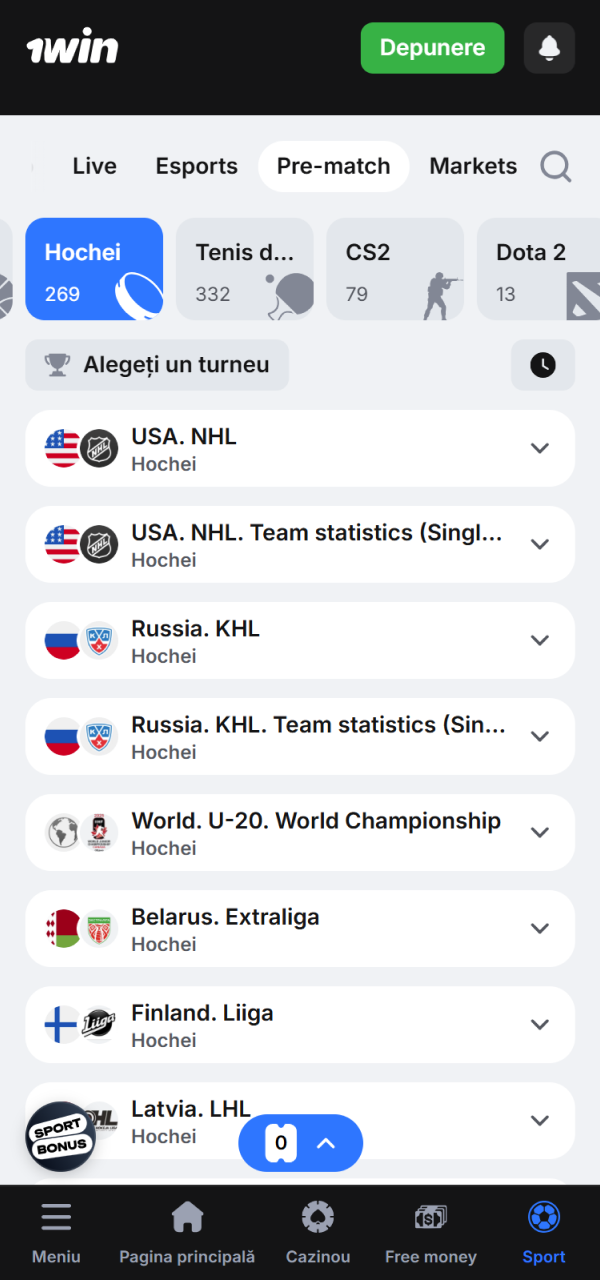 Selectează turneele preferate de hochei pe gheață în oferta 1win Moldova.