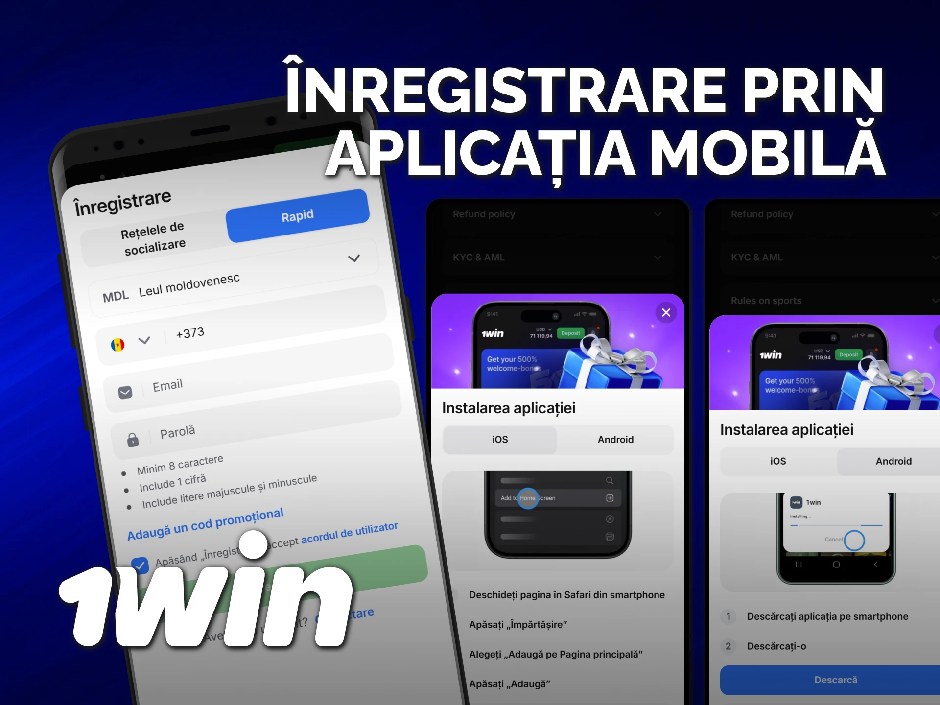 Descarcă aplicația și finalizează o înregistrare prin aplicația mobilă 1win Moldova.