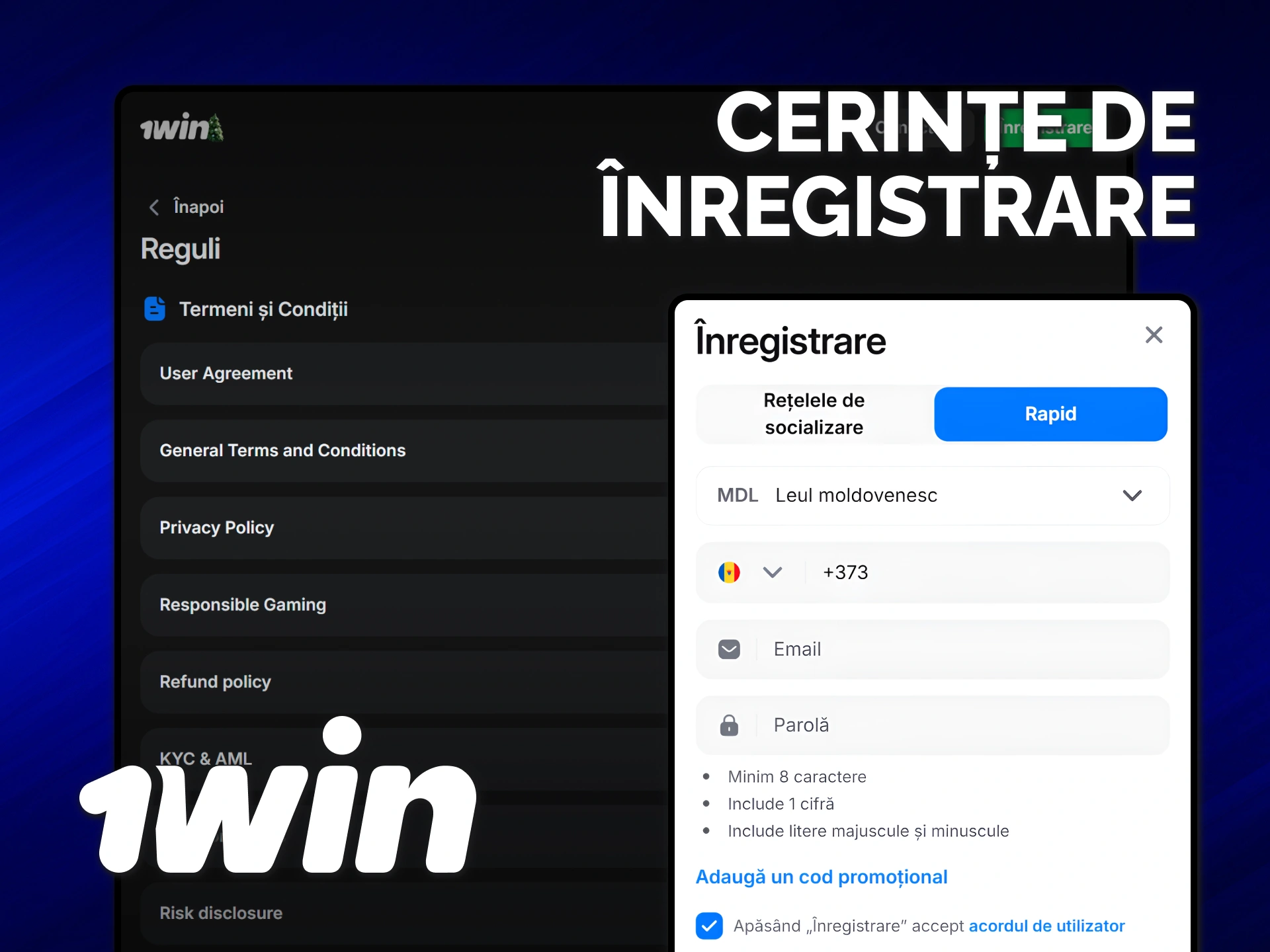 Verificați toate cerințele pentru înregistrarea Contului 1win în Molldova.