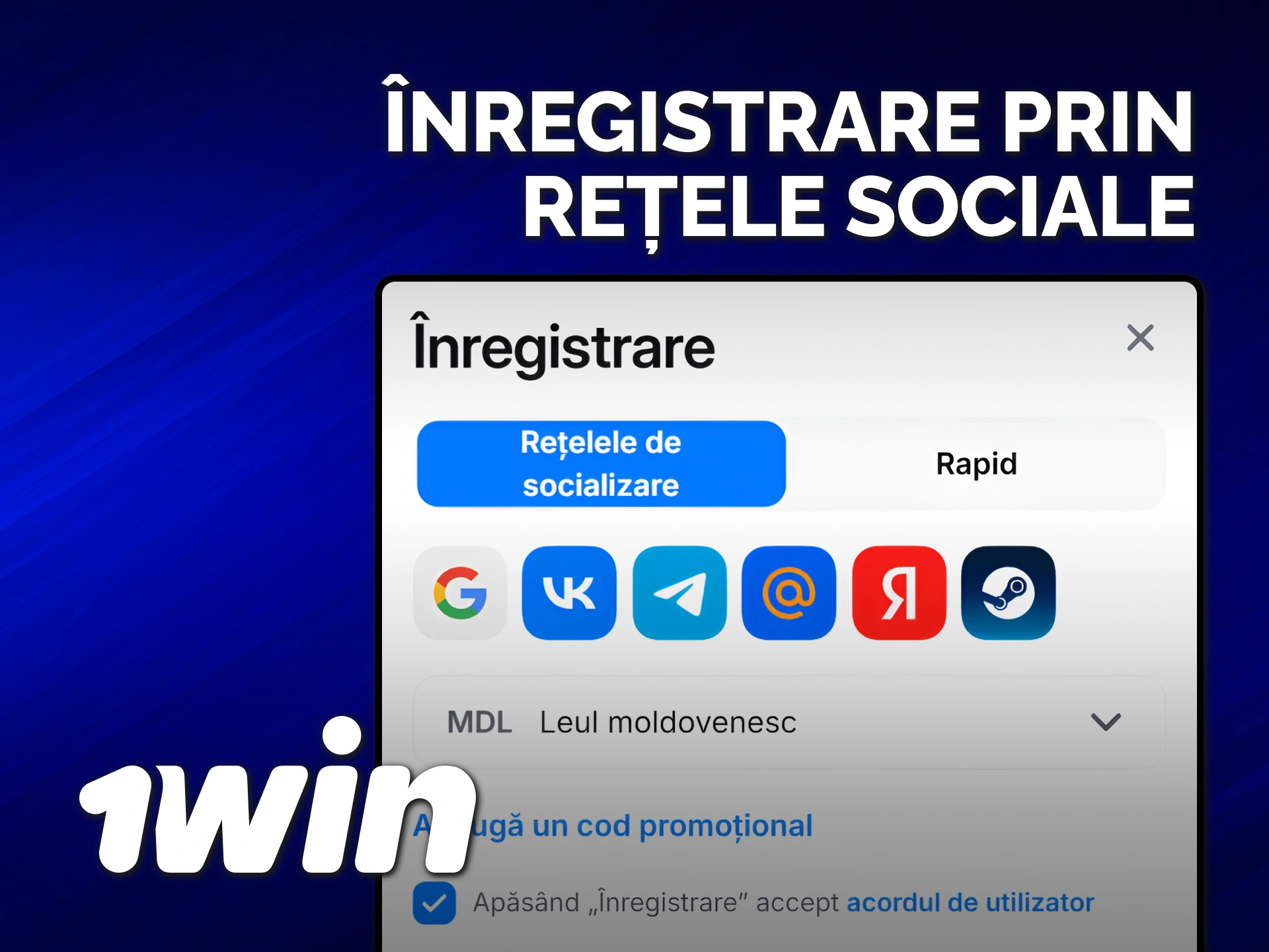 Accesați înregistrarea 1win prin opțiunea de rețele sociale rapide.