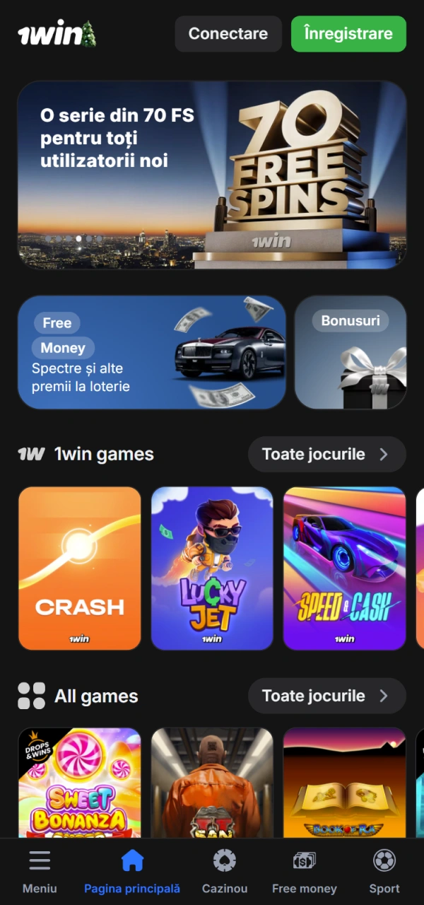 Vizualizează ecranul principal al aplicației 1win iOS cu evenimente de top.
