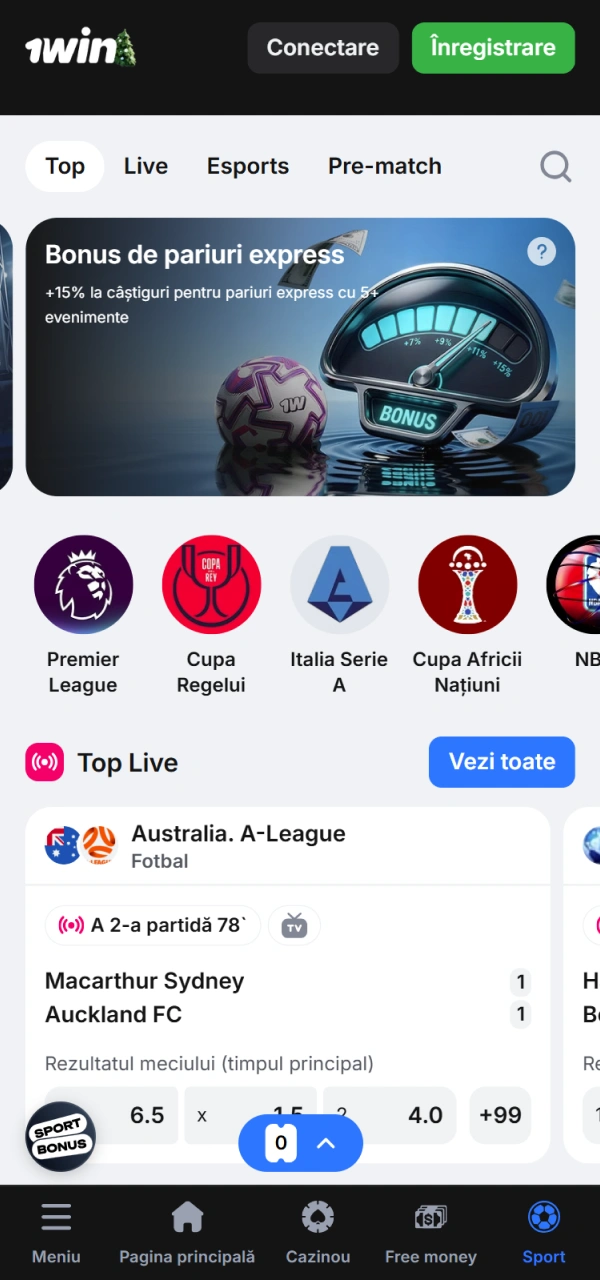Explorează lista de sport la 1win în interfața optimizată pentru iOS.
