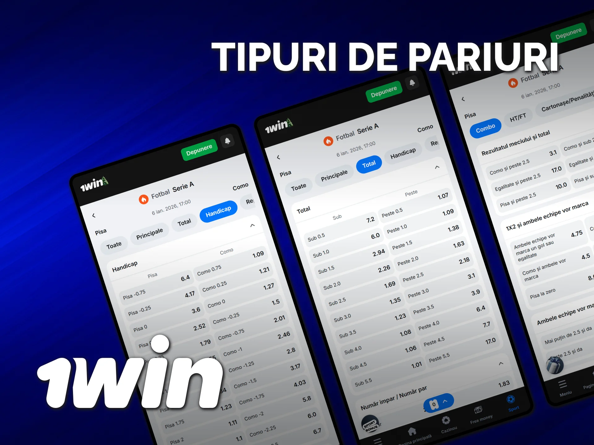 Alege tipuri de pariuri disponibile în aplicația 1win pentru iPhone.