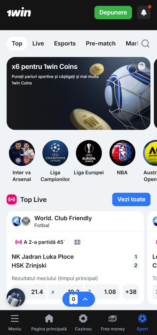 Navigați prin oferta de a plasa un pariu la 1win.