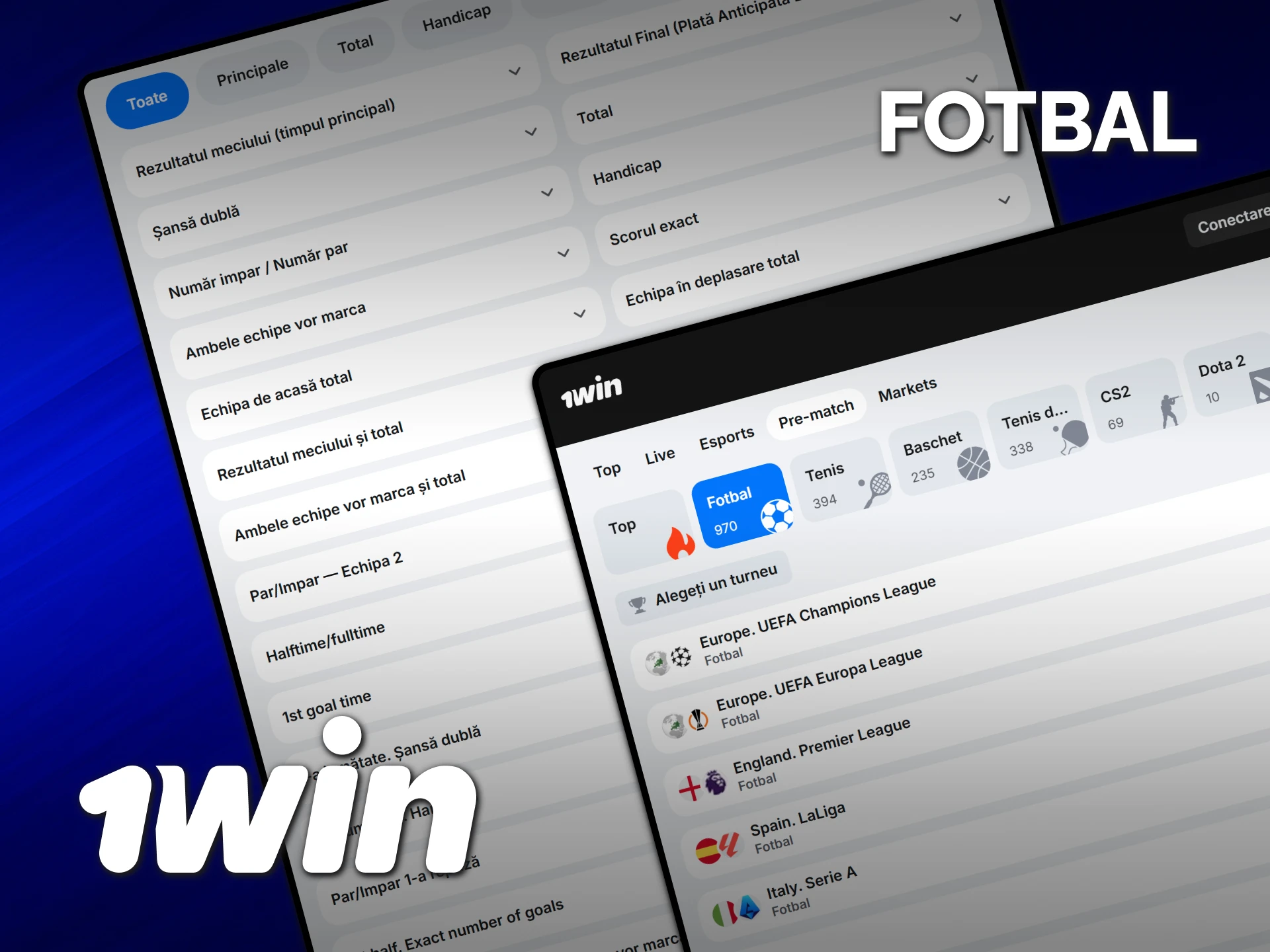 Plasează tipuri de pariuri sportive pe fotbal la 1win Moldova.