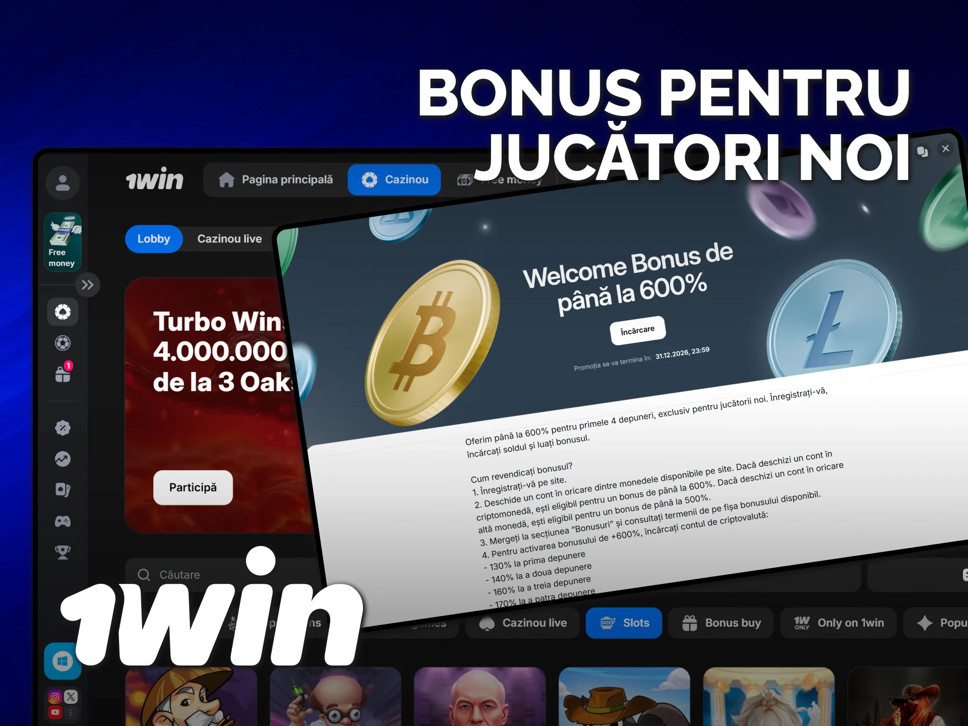 Înregistrează-te la 1win și primește bonusul pentru sloturi la prima depunere.