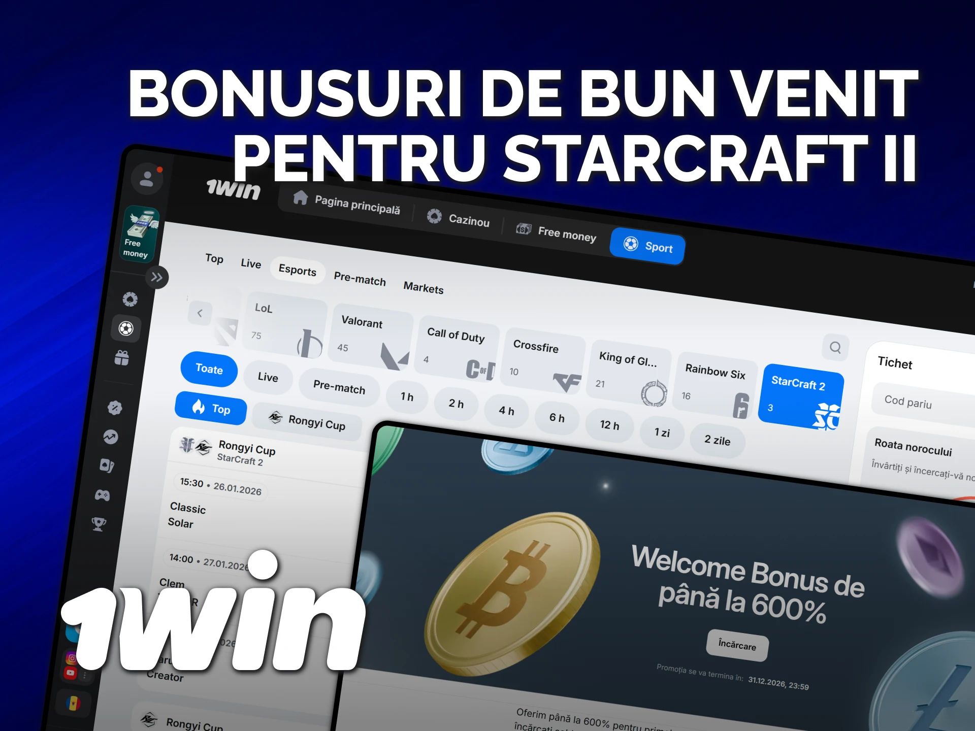Activează un bonus de bun venit 1win pentru pariuri StarCraft II.