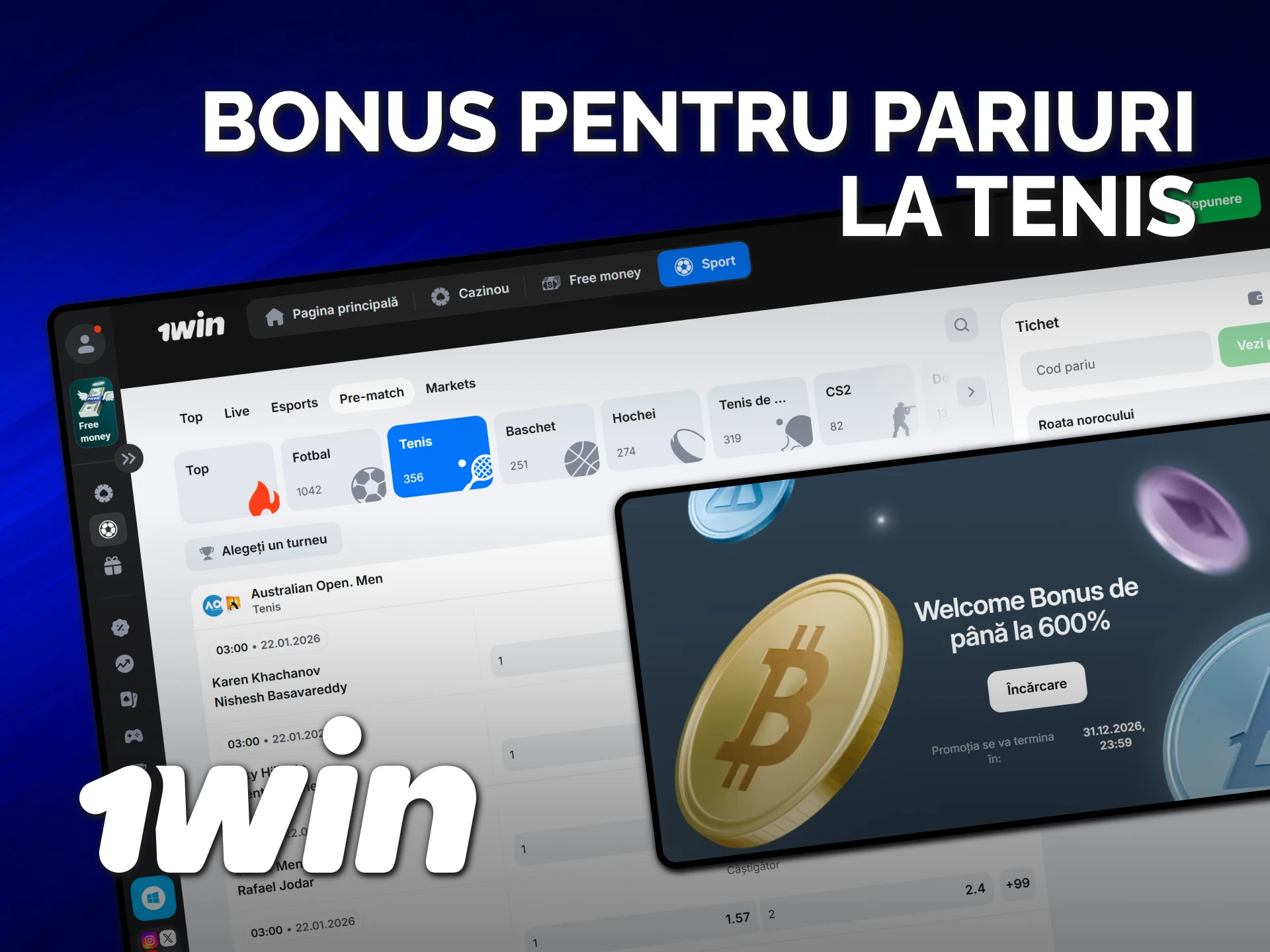 Revendică un bonus 1win special conceput pentru pariuri pe tenis.