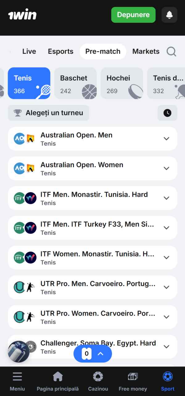 Accesează secțiunea sportivă 1win când pariezi pe tenis și alege turneele.