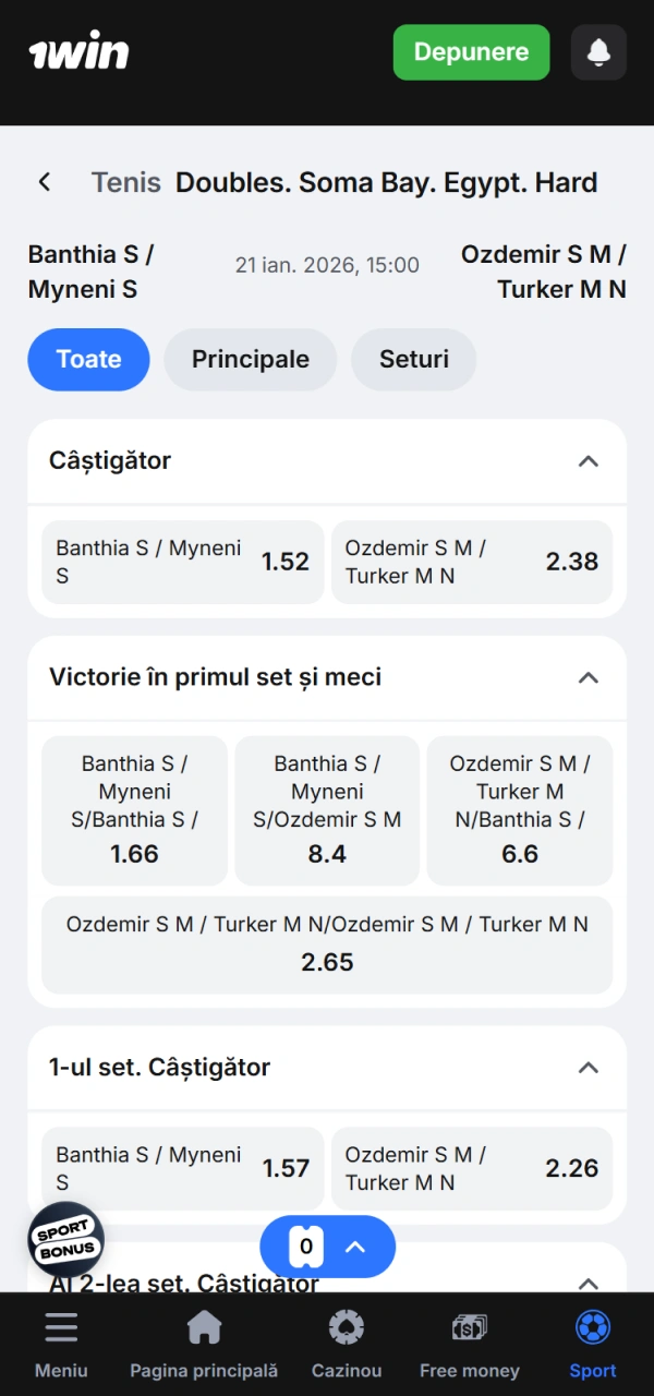 Alege varietatea de piețe disponibile când pariezi pe tenis la 1win.