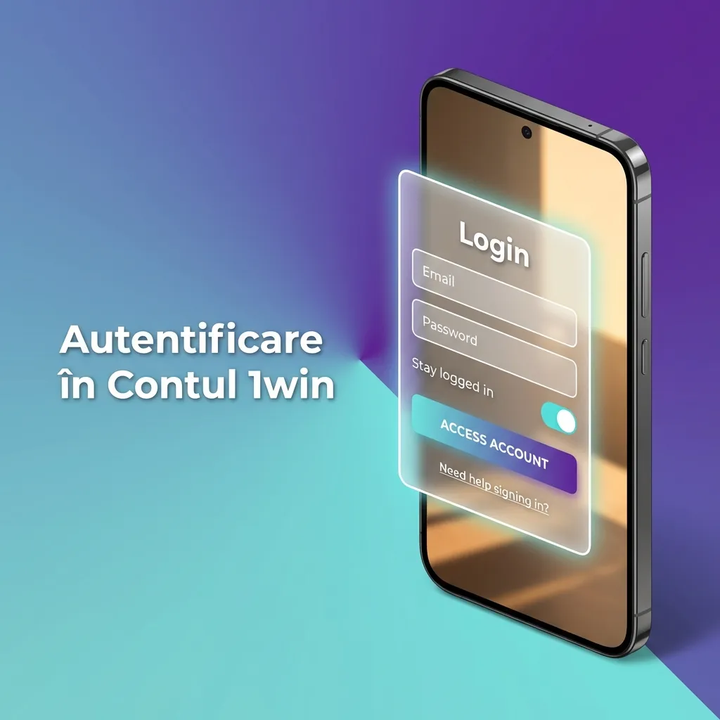 Ecran de autentificare 1win cu câmpuri pentru email/telefon și parolă, buton verde de login pe fundal albastru