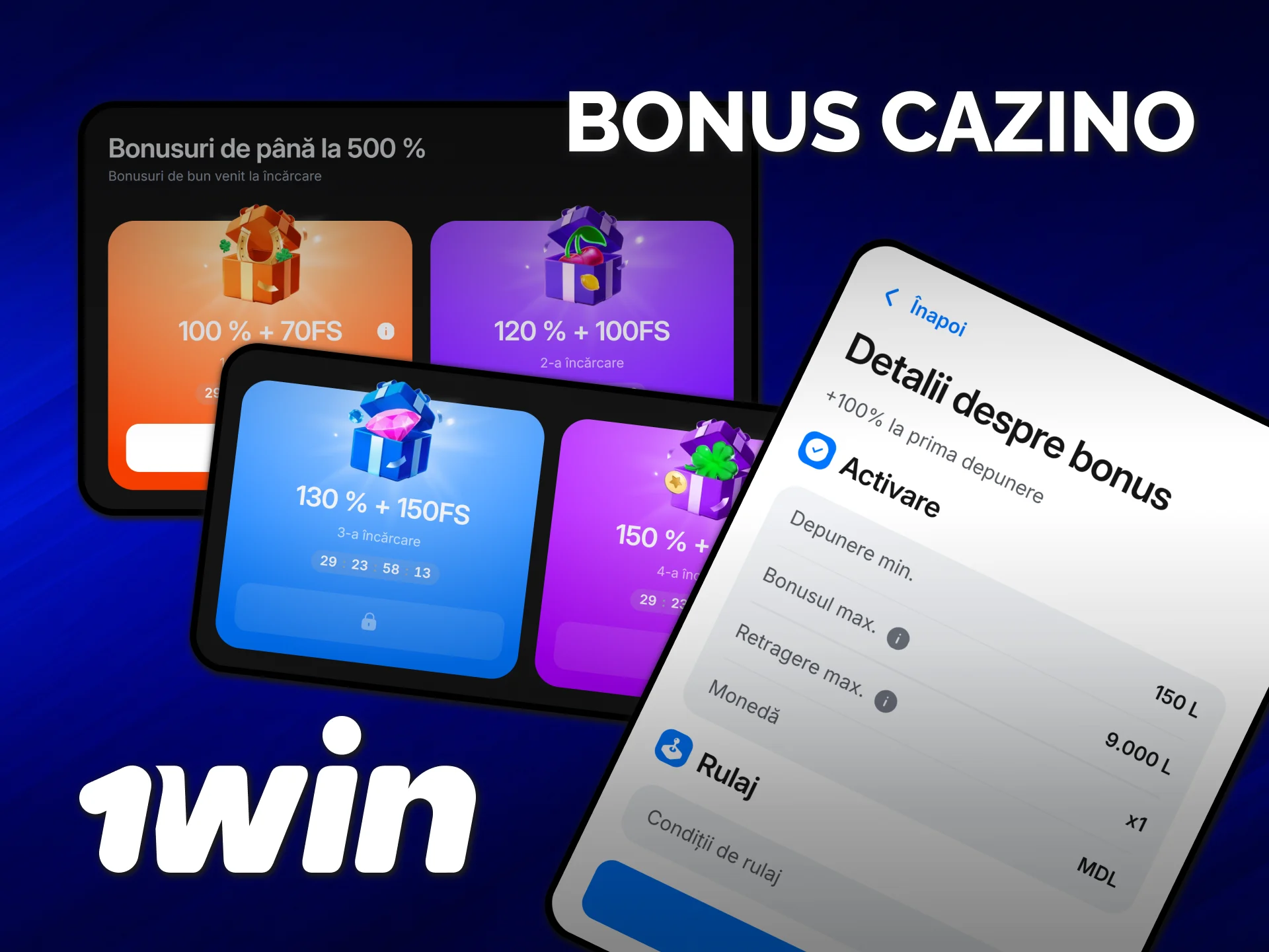 Activează pachetul excelent cu bonus pentru jocuri de cazino la 1win.