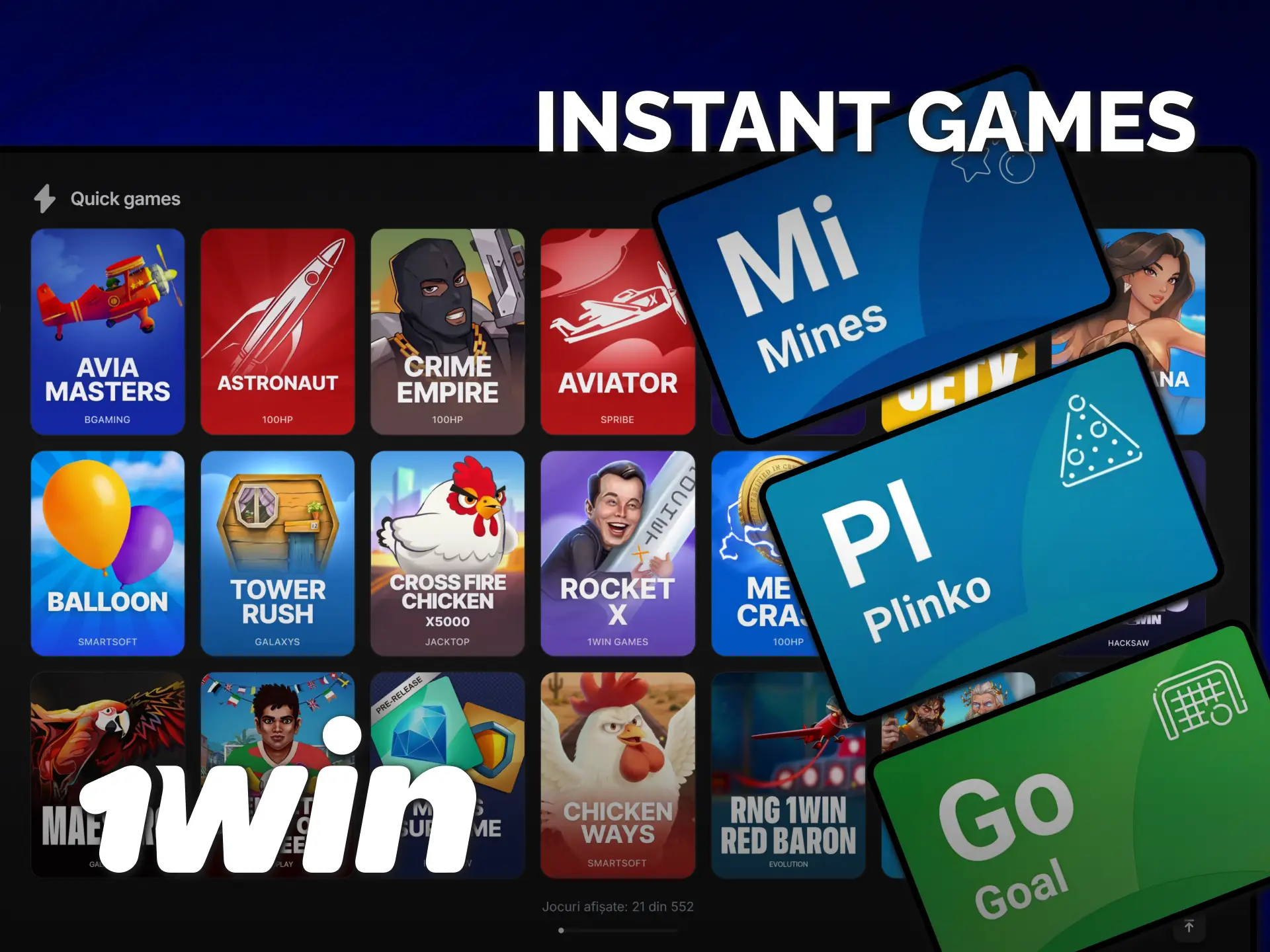 Câștigă premii rapide testând diverse instant games de la cazinoul 1win.